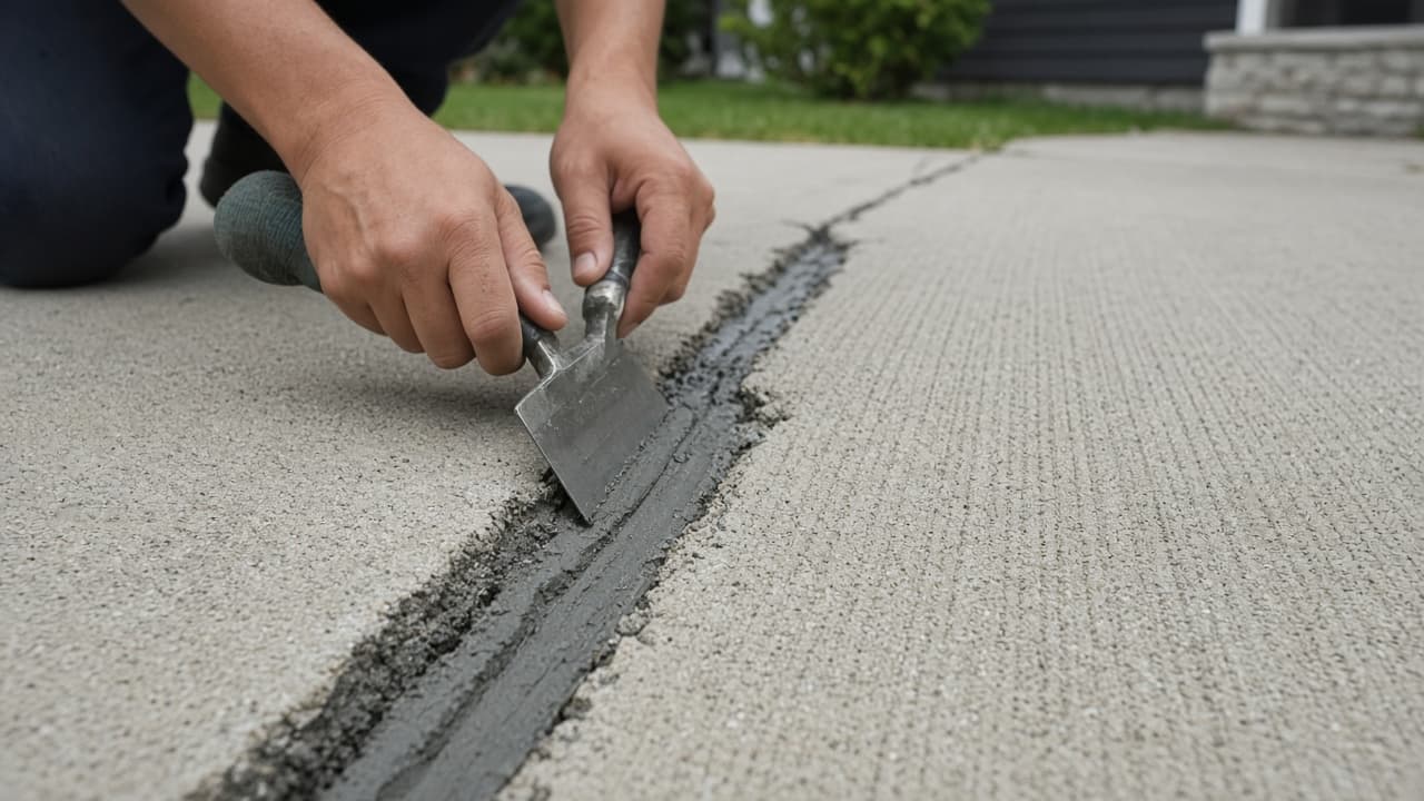 Close view of a routed driveway crack being repaired on broom-finished concrete
