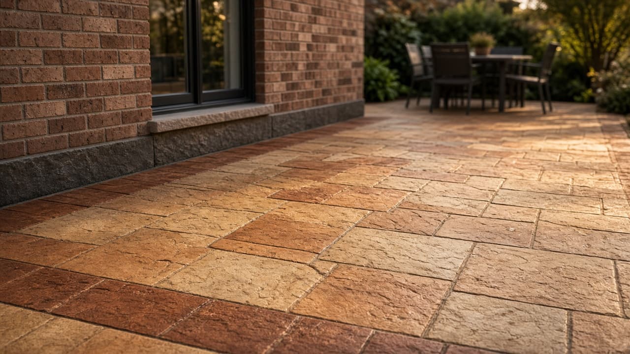Stamped and coloured concrete patio in warm sandstone tones beside a brick house